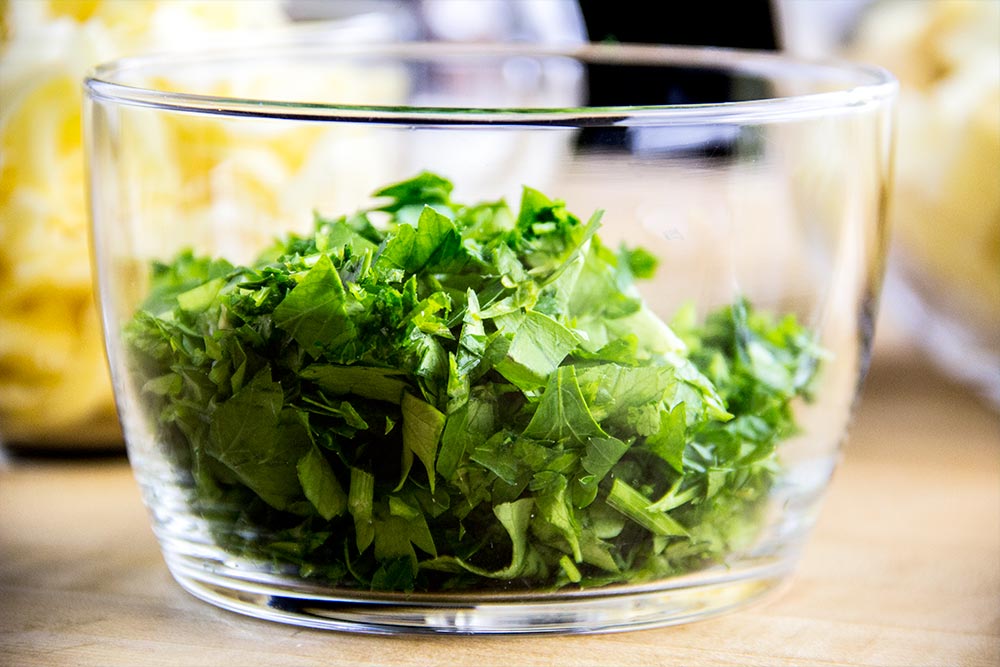 Chopped Flat Parsley in Glass Bowl
