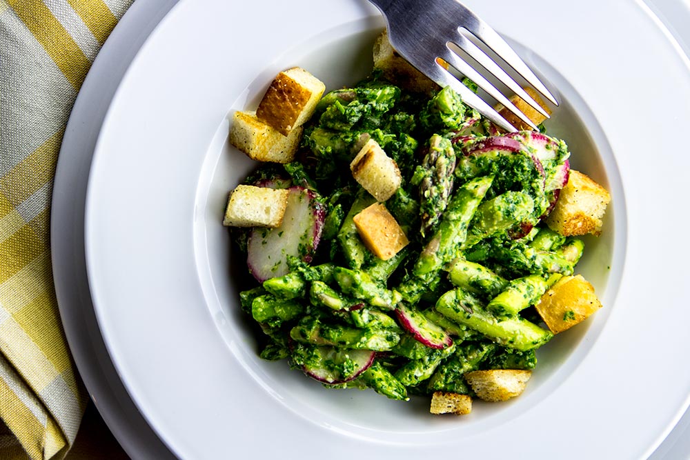 Cold Asparagus & Radish Salad with Homemade Croutons
