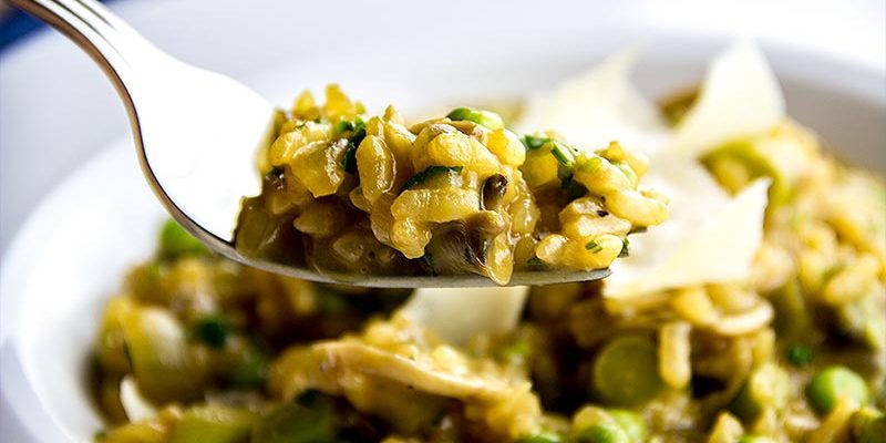 Mushroom Risotto with Asparagus, Parmesan & Peas Recipe