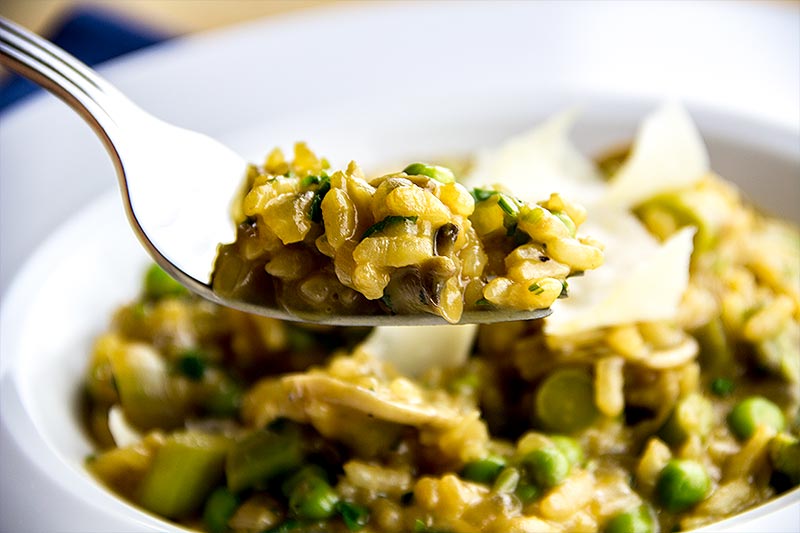 Mushroom Risotto with Asparagus, Parmesan & Peas Recipe