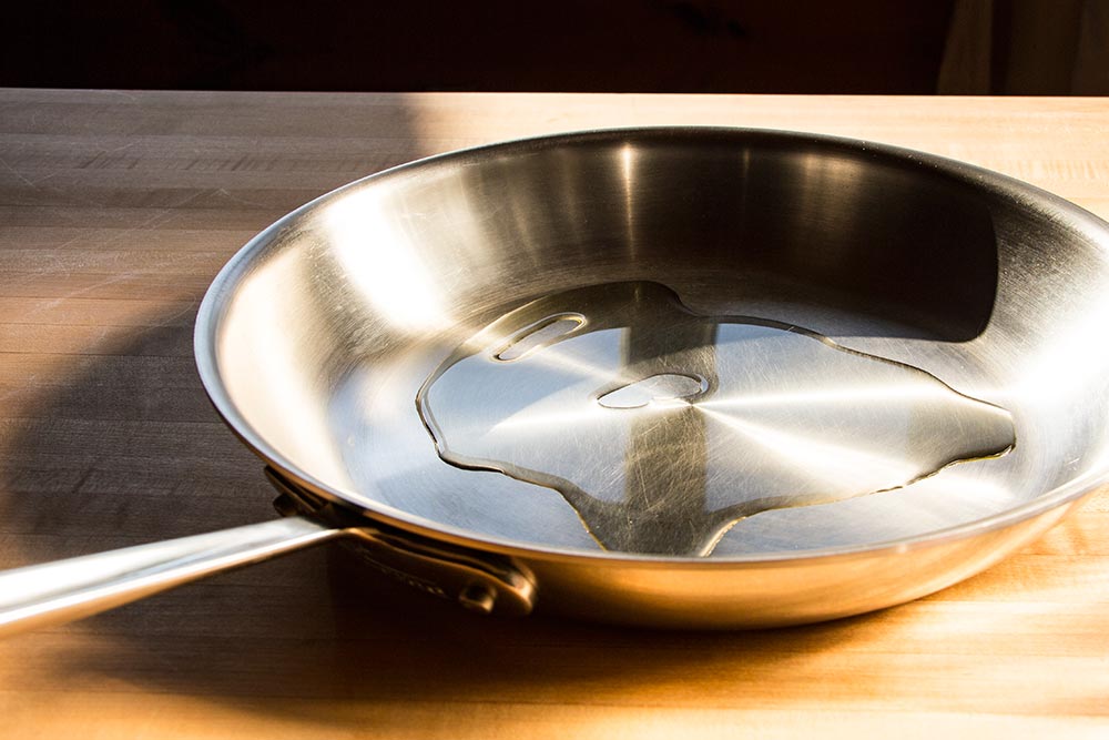 Olive Oil in All-Clad Stainless Steel Skillet