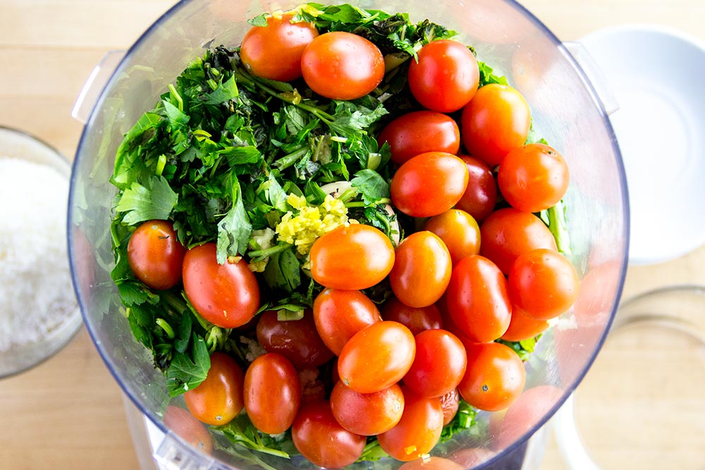 Tomatoes, Basil, Parsley, & Garlic in Food Processor