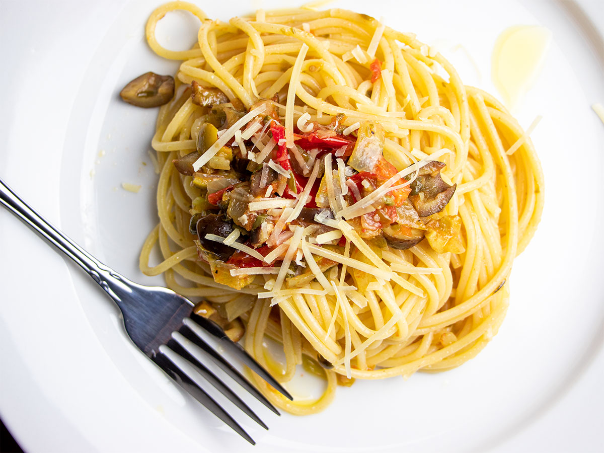 Spaghettini with Capers, Anchovies, Tomatoes, & Olives Recipe