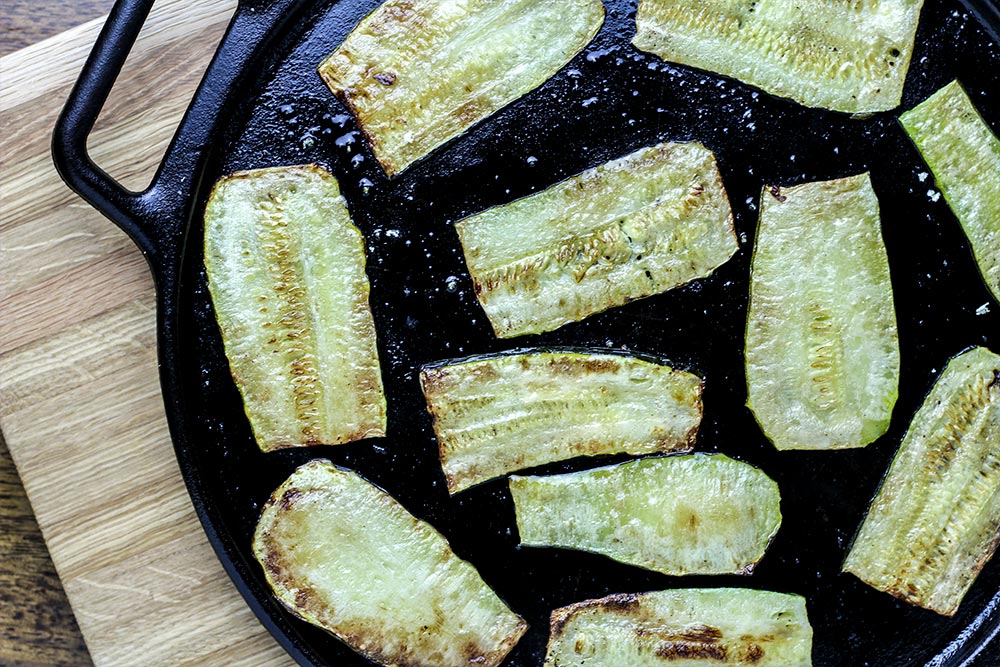 Roasted Zucchini on Cast Iron Cooking Sheet