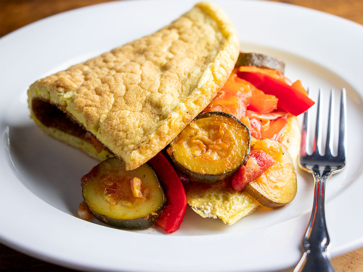 Soufflé Omelette with Zucchini, Tomato, & Red Pepper