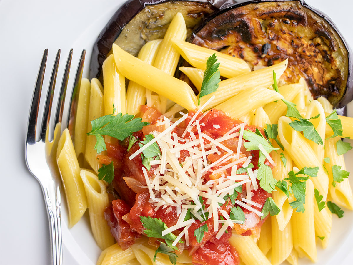 Penne Pasta, Tomato Sauce, & Fried Eggplant