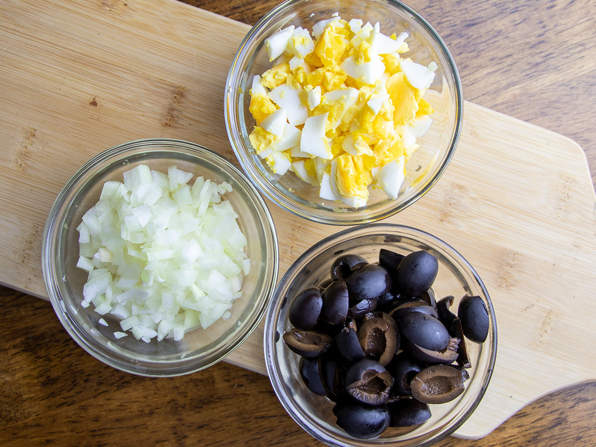 Salad Ingredients: Eggs, Onion, & Black Olives
