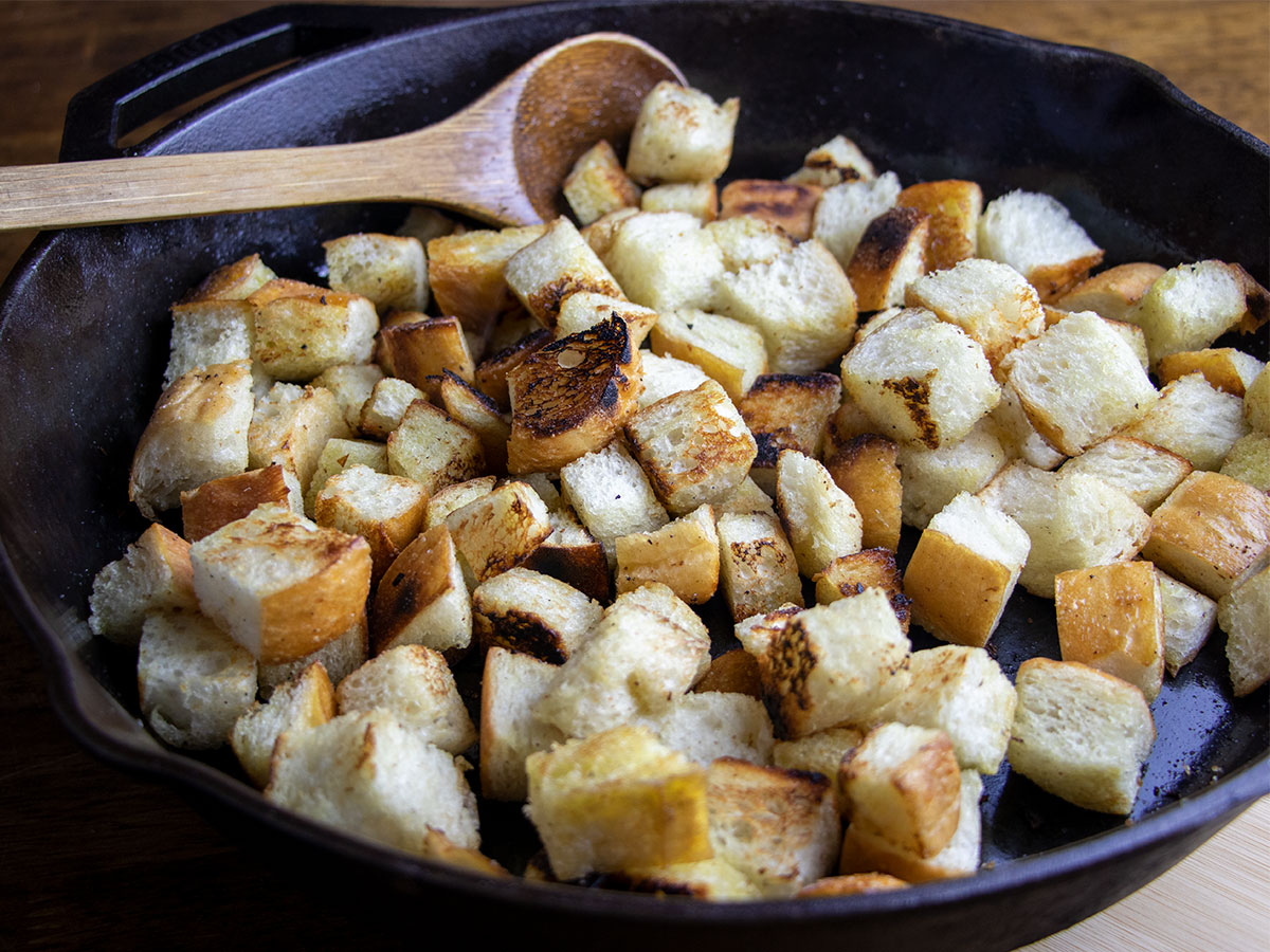 Toasting Croutons in Cast Iron Skillet