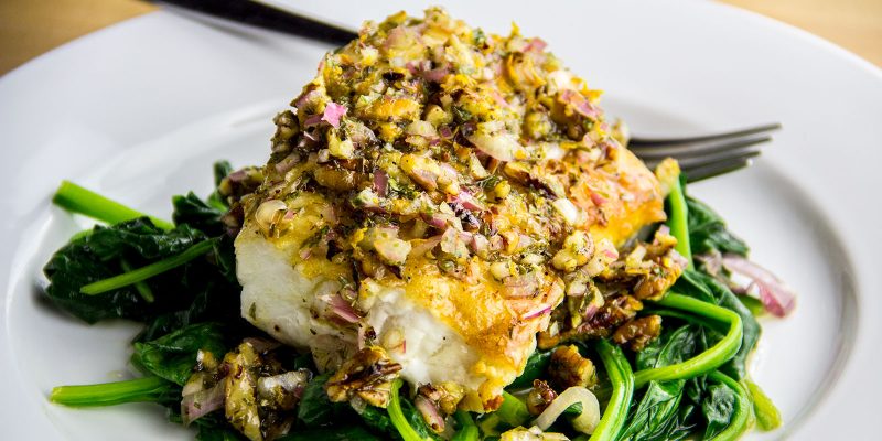 Cod & Spinach with Orange Roasted Pecan Vinaigrette Recipe by Curtis Stone