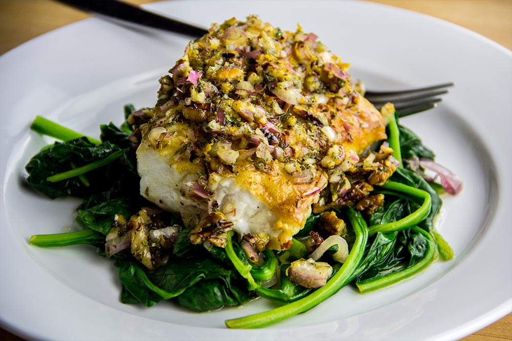 Pan Fried Cod with Baby Spinach, Shallots & Vinaigrette