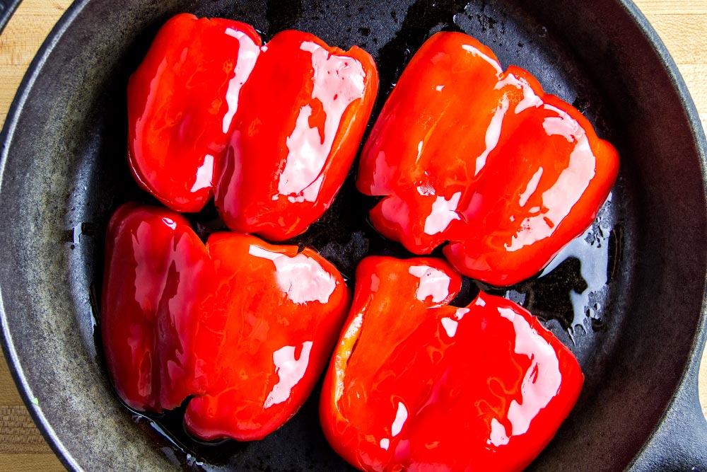 Red Bell Peppers in a Cast Iron Skillet