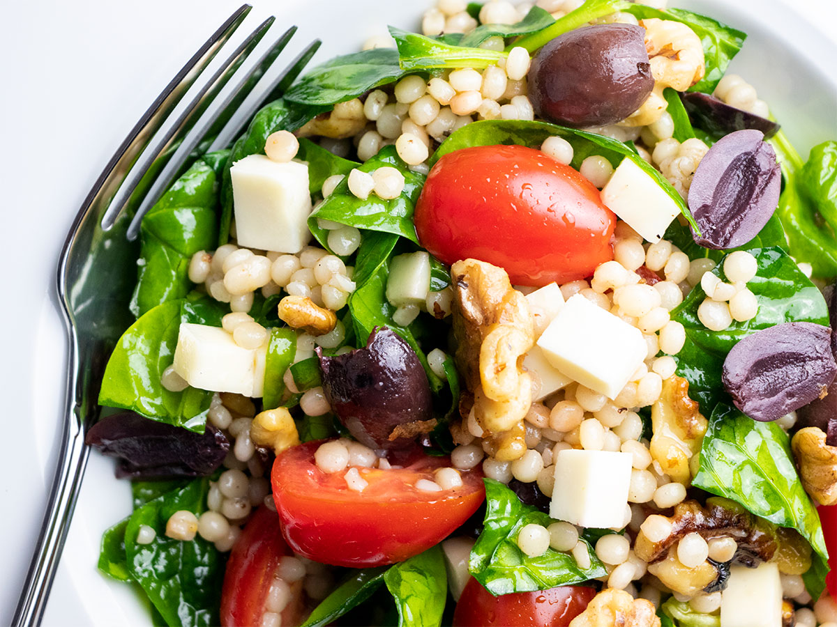 Pearl Couscous with Spinach, Cheese, & Walnuts Salad