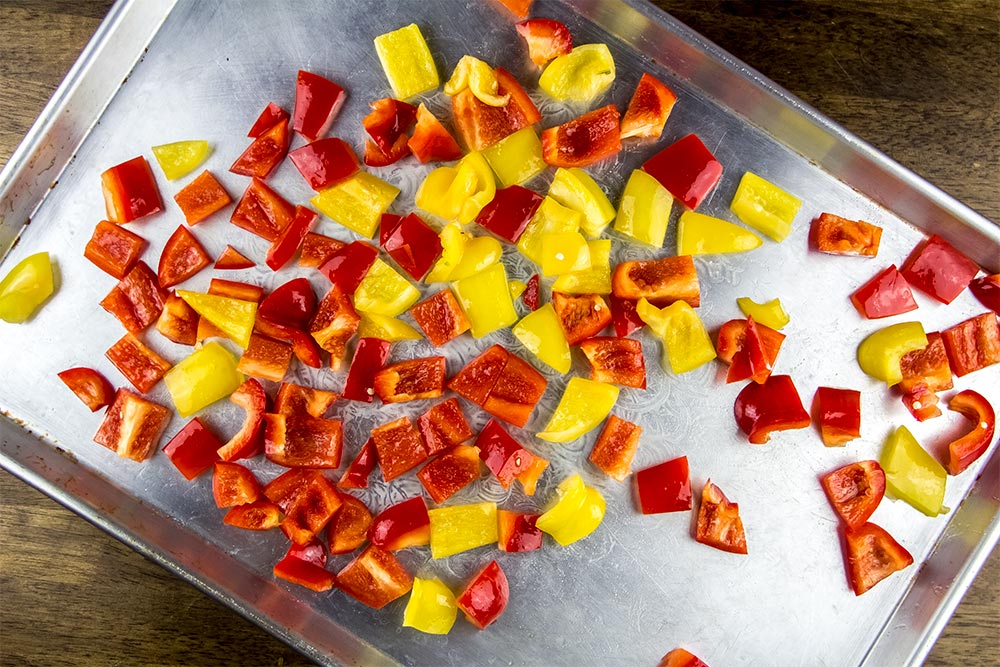 Red & Yellow Bell Peppers on Large Baking Sheet