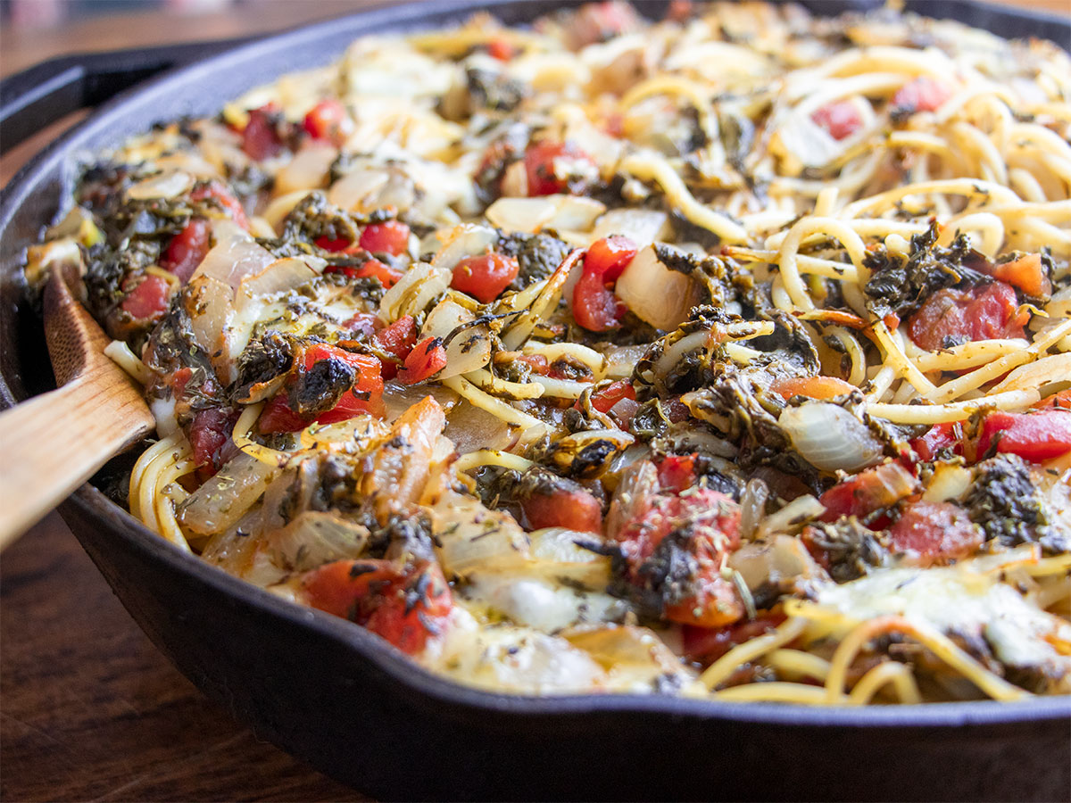 Spaghetti, Spinach, & Tomato au Gratin