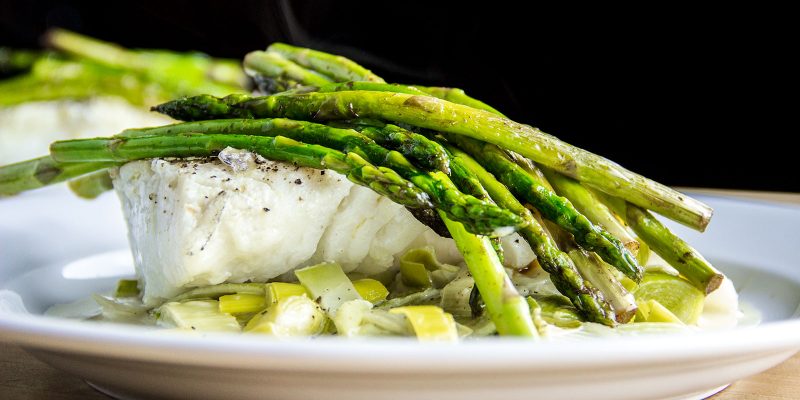 Baked Cod with Asparagus & Melted Leeks in Cream Recipe by Curtis Stone