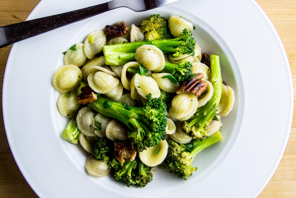 Broccoli, Orecchiette, & Toasted Pecans in Bowl