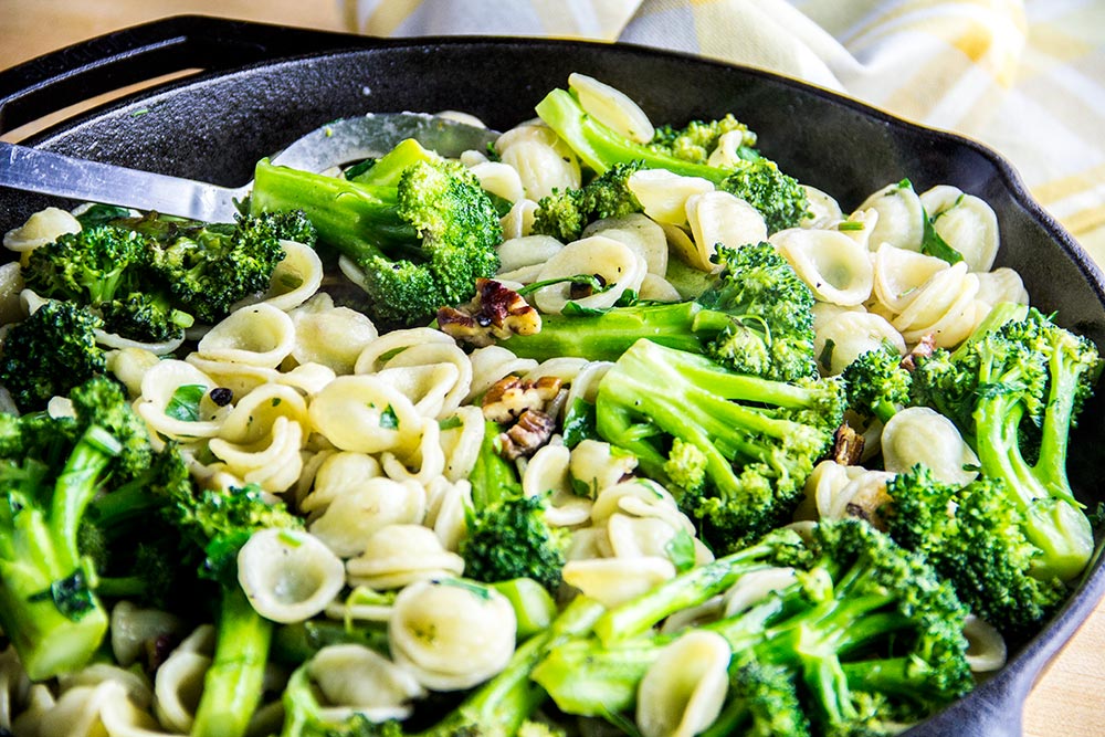 Broccoli, Orecchiette, & Toasted Pecans in Lodge Cast Iron Skillet