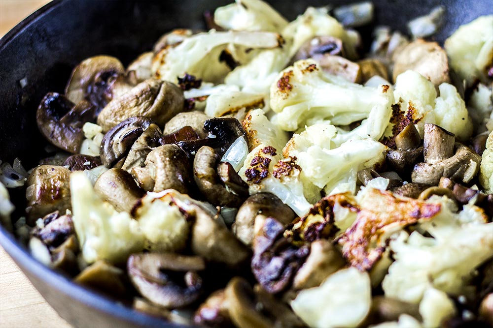 Cooked Cauliflower & Mushrooms in Lodge Cast Iron Skillet