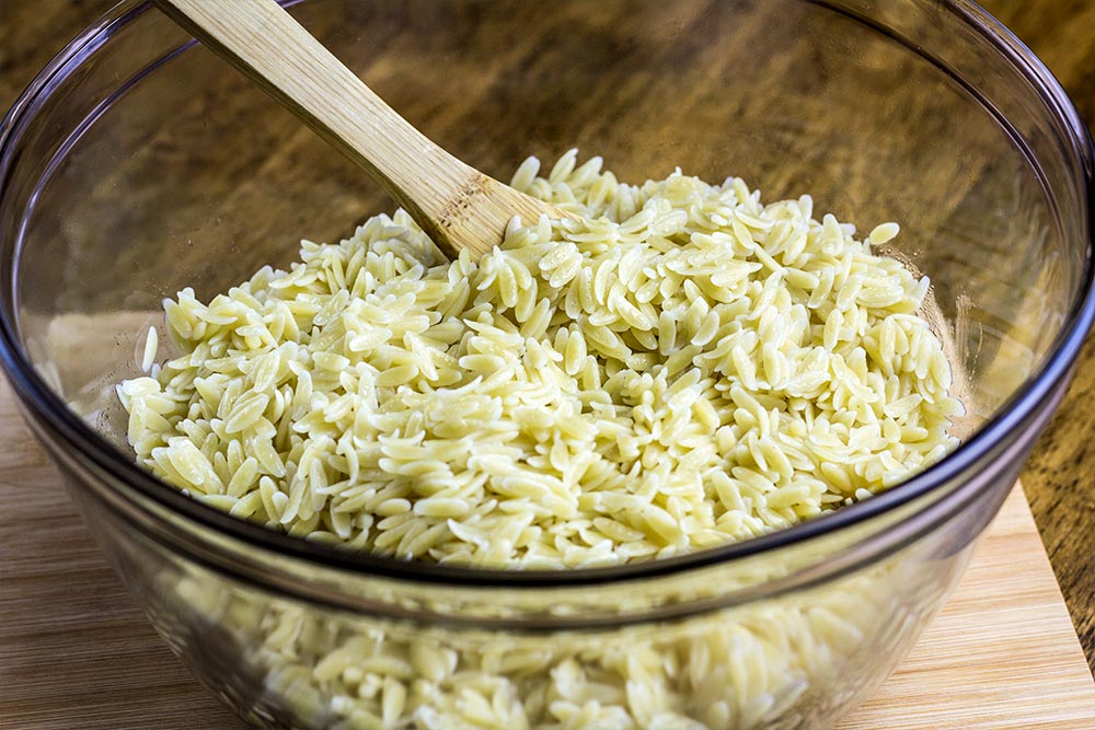 Cooked Orzo Pasta in Large Glass Bowl