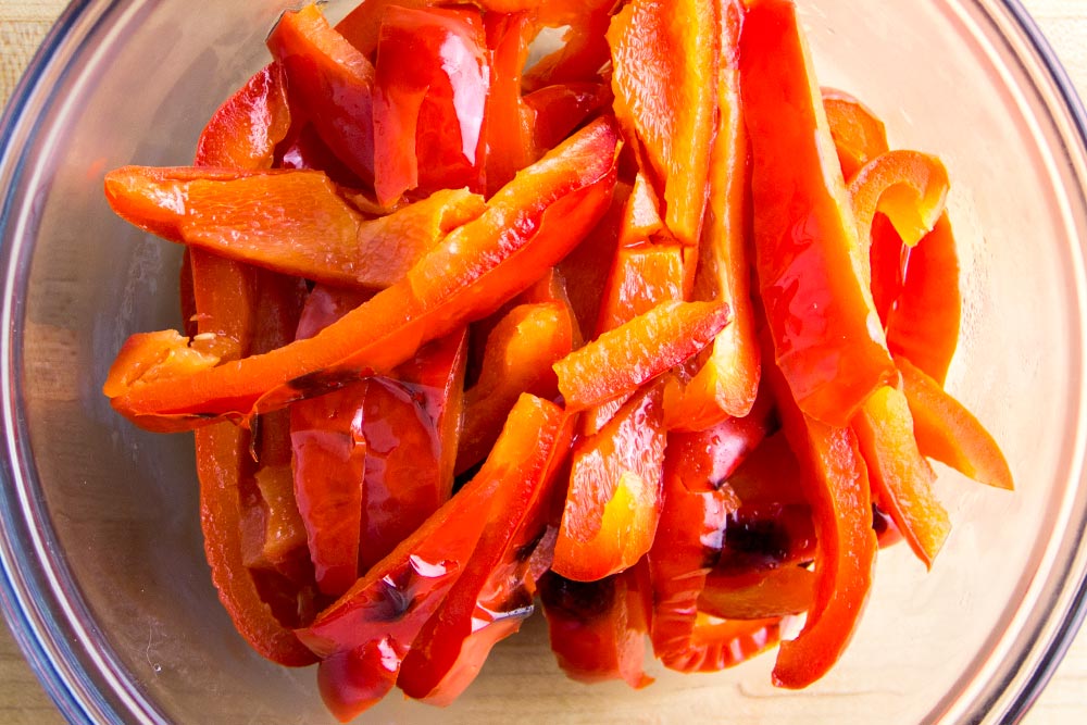 Roasted Red Bell Pepper Slices in Glass Bowl