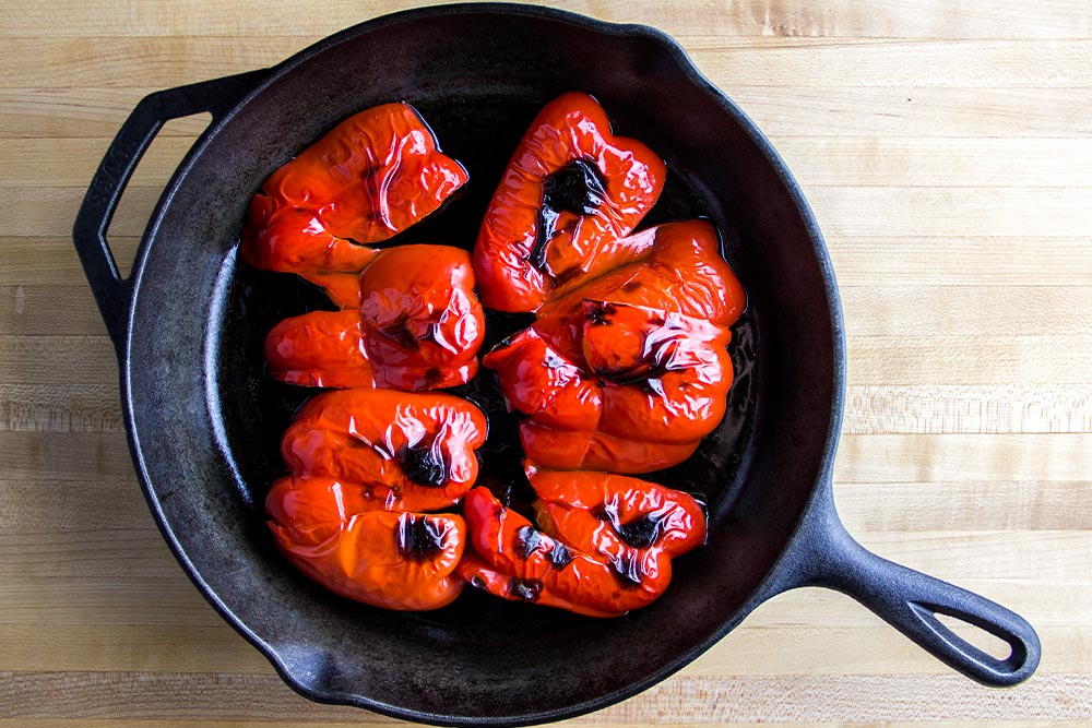 Roasted Red Bell Peppers in Cast Iron Skillet