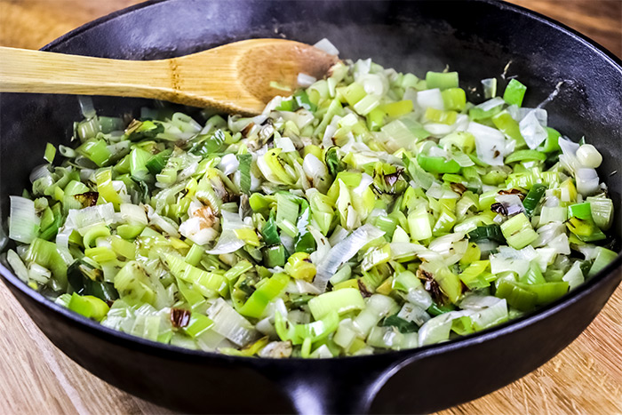 Cooked & Softened Leeks in Cast Iron Skillet