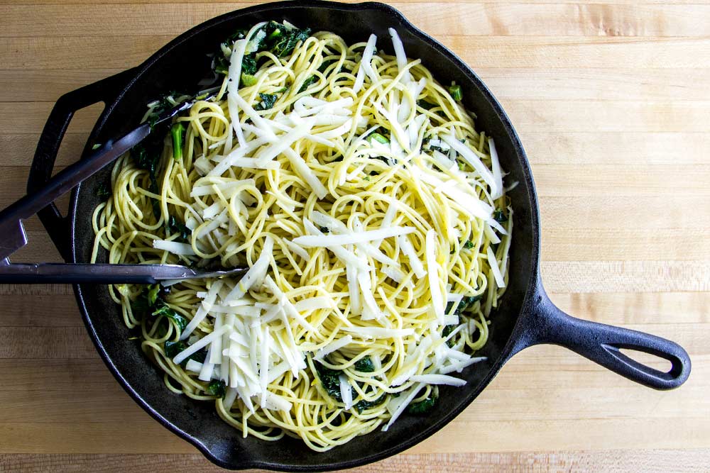 Spaghetti & Kale in Cast Iron Skillet