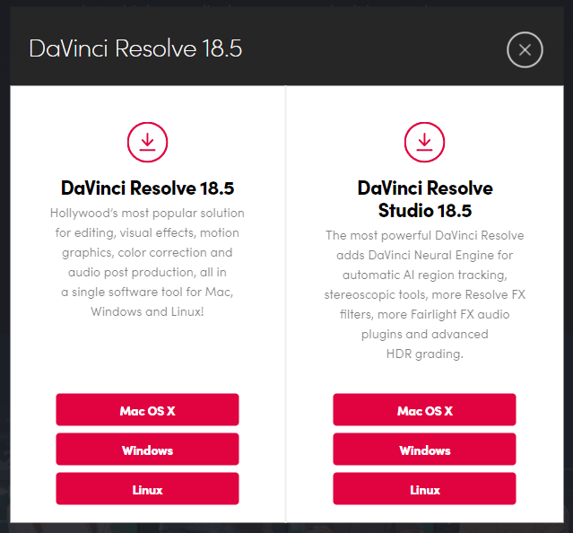 DaVinci Resolve Download Buttons (Free, Paid)