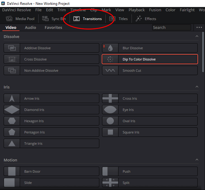 Dip To Color Dissolve Transition in the Transitions Panel in DaVinci Resolve
