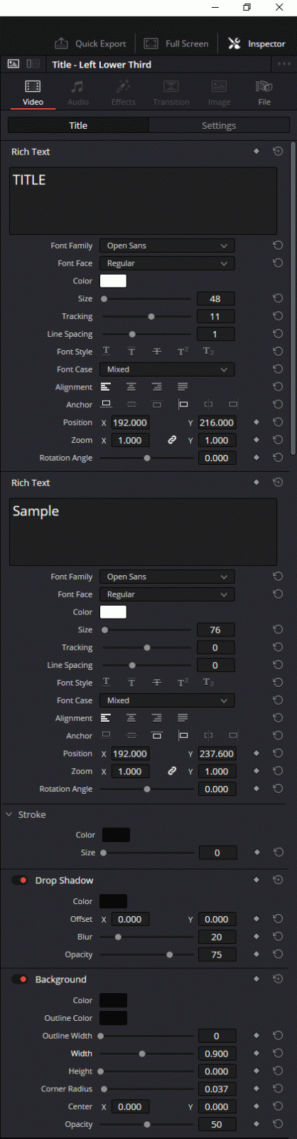 Lower Left Third Title Inspector Panel in Resolve